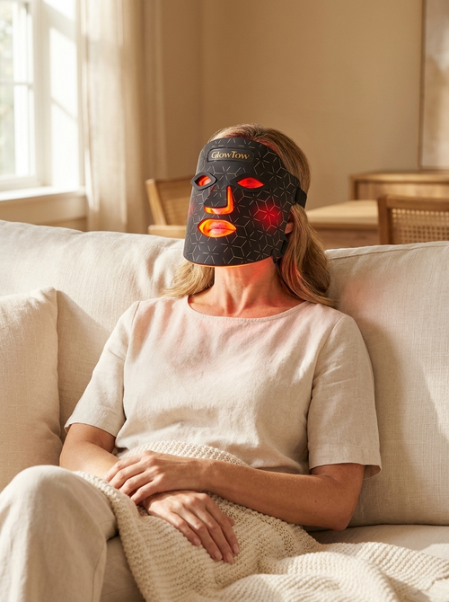 Woman wearing GlowTow Face Mask relaxing on sofa