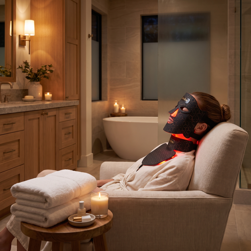 Woman wearing full GlowTow 2-in-1 Face and Neck system relaxing