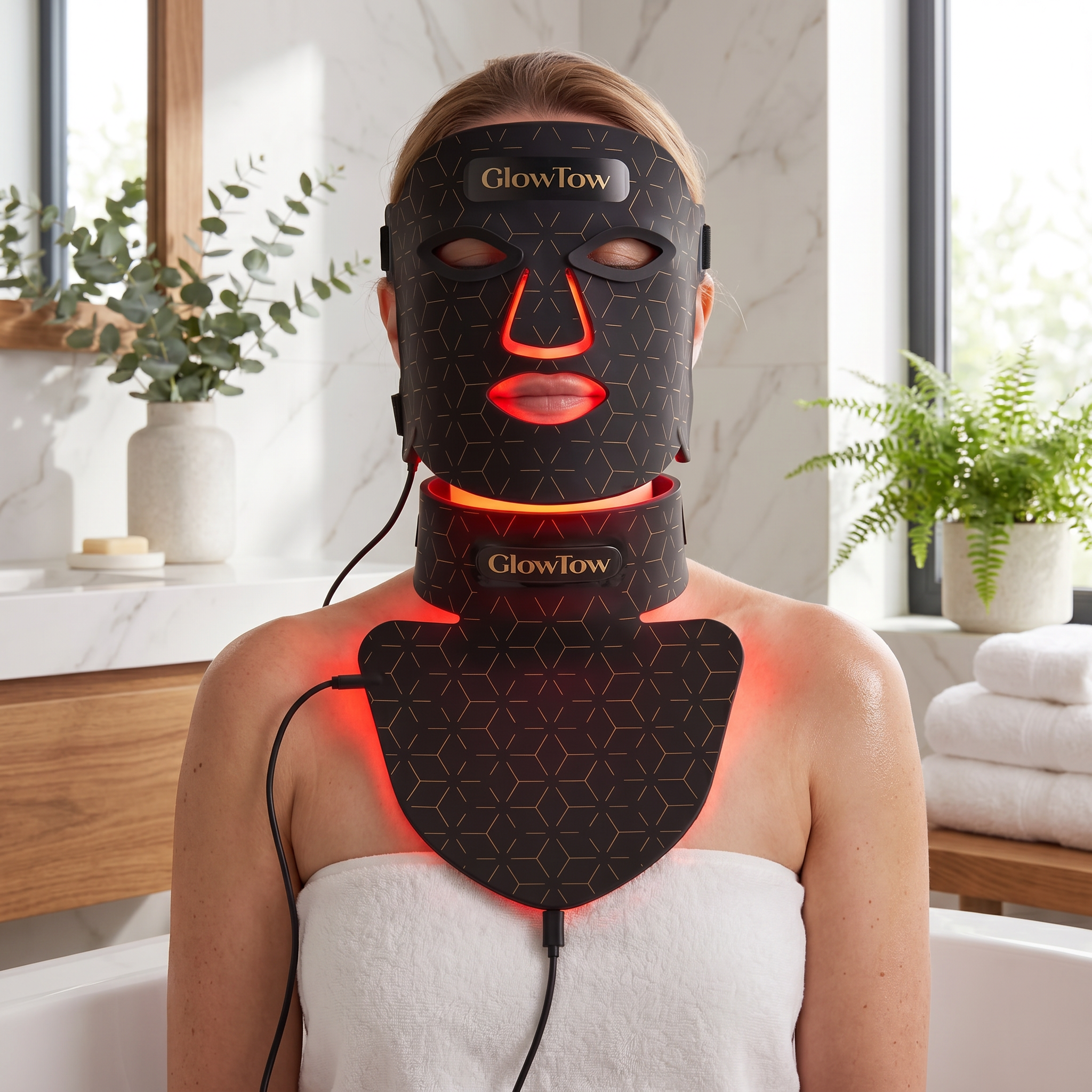 Woman wearing GlowTow face mask and neck panel together